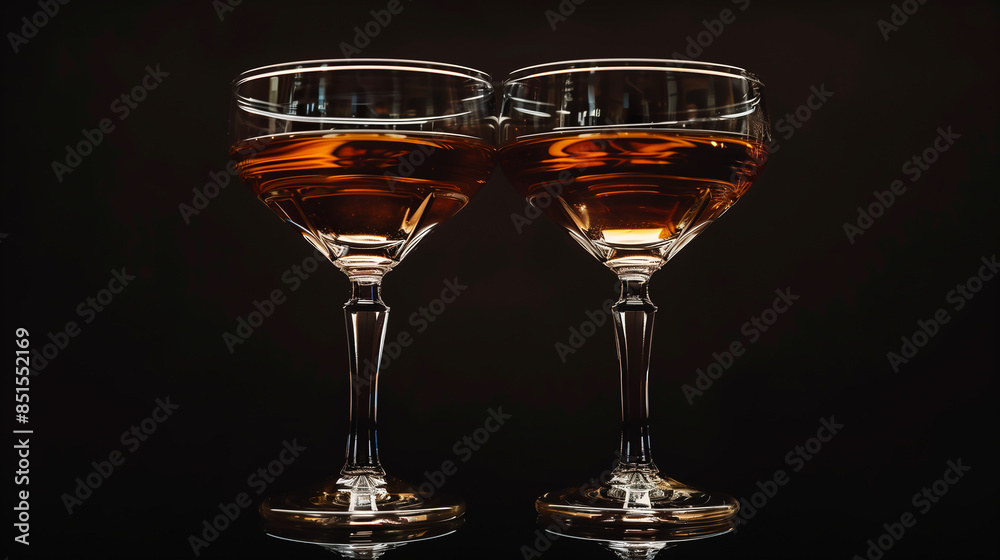 Two glasses are filled with a golden liquid Two glasses are filled with a golden liquid