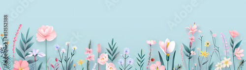 Floral border with hand drawn flowers and leaves on blue background.
