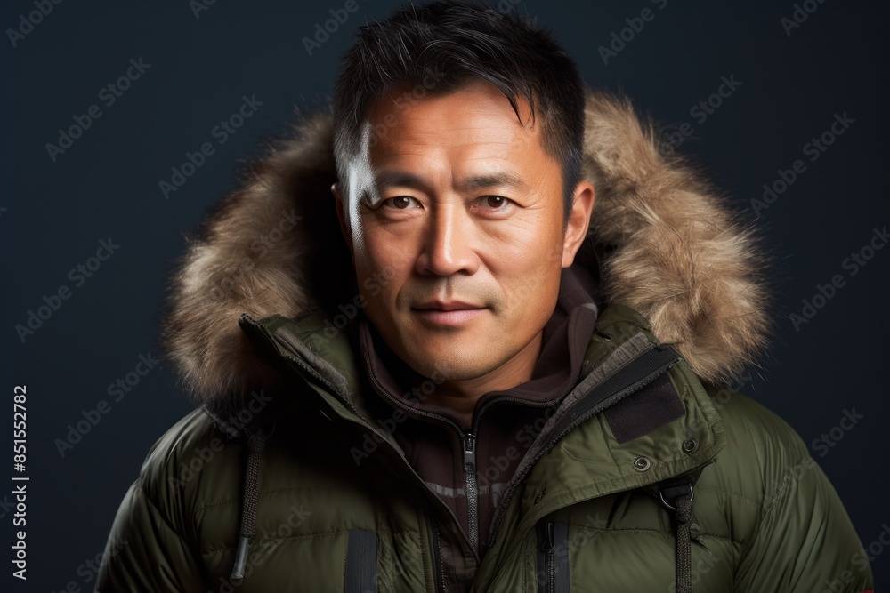 Portrait of a content asian man in his 40s wearing a warm parka while standing against light wood minimalistic setup Portrait of a content asian man in his 40s wearing a warm parka while standing against light wood minimalistic setup