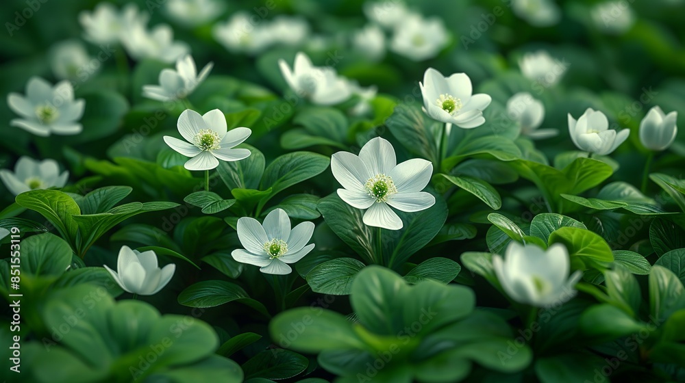 A cluster of delicate white flowers blooming amidst a sea of green foliage, their pure beauty captivating the viewer's gaze. Abstract Backgrounds Illustration, Minimalism, A cluster of delicate white flowers blooming amidst a sea of green foliage, their pure beauty captivating the viewer's gaze. Abstract Backgrounds Illustration, Minimalism,