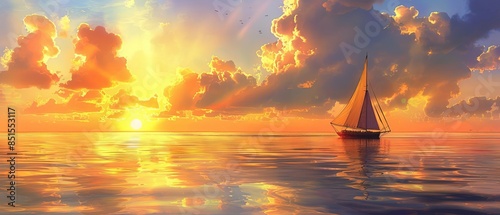 A sailboat with billowing sails glides across the ocean at sunset, casting a dark silhouette against a sky ablaze with orange and pink hues