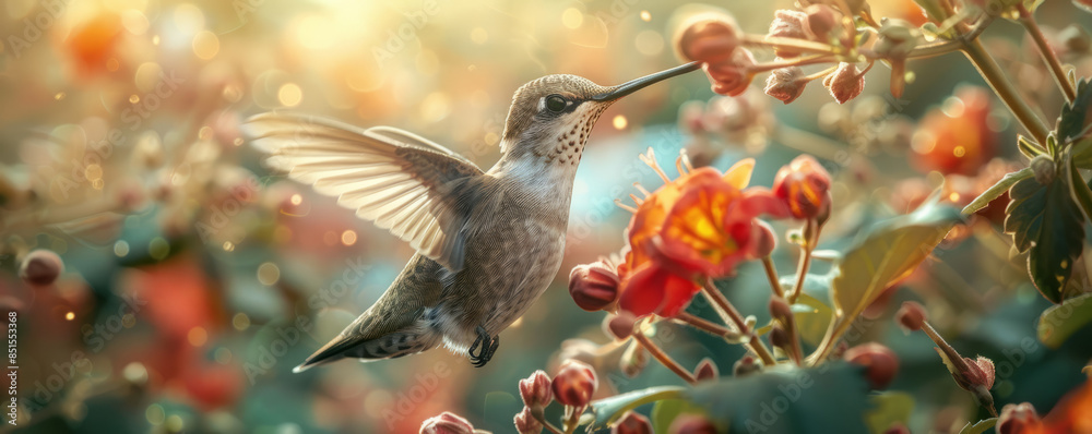 Fototapeta premium A tiny hummingbird hovering in front of a flower, its wings beating so fast they are almost invisible.
