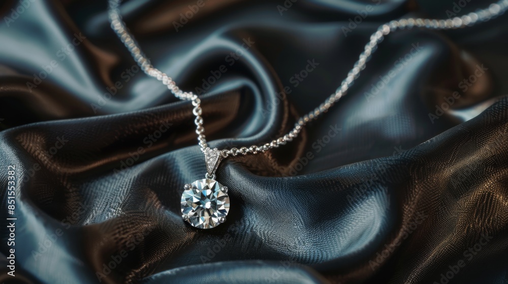 Luxury jewelry, platinum necklace with diamonds on dark silk fabric close - up. Golden necklace in the store. Beautiful diamond pendant necklace. Jewelry showcase, selective focus Luxury jewelry, platinum necklace with diamonds on dark silk fabric close - up. Golden necklace in the store. Beautiful diamond pendant necklace. Jewelry showcase, selective focus