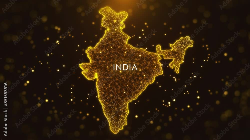 Digital Space Golden Yellow Shiny Blurry Focus Wavy Glitter Sparkle Dust Particles of India Map and Text Motion Reveal with Light Flare