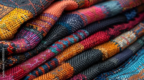 A close-up shot of intricate handwoven textiles from Ghana, showcasing vibrant colors and geometric patterns. Abstract Backgrounds Illustration, Minimalism, © DARIKA