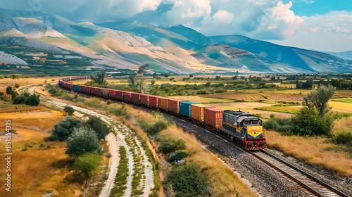 Freight Train Traveling Through Scenic Countryside with Mountains in the Background on a Sunny Day