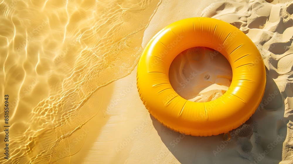 Naklejka premium A bright yellow inflatable ring lies on a sandy beach near crystal clear water, evoking a sense of summer relaxation and leisure.
