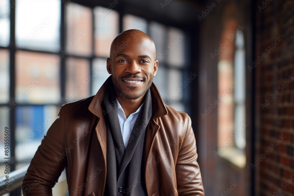 Portrait of a grinning afro-american man in his 30s sporting a stylish leather blazer isolated in empty modern loft background Portrait of a grinning afro-american man in his 30s sporting a stylish leather blazer isolated in empty modern loft background