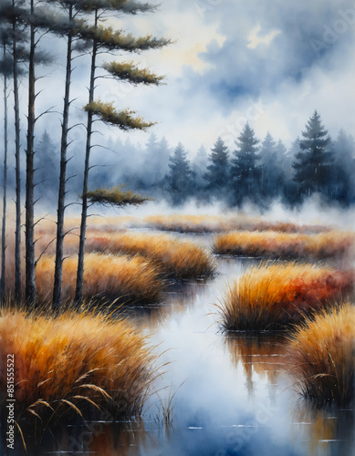 Watercolor painting of picturesque late fall. Watercolor illustration design for autumn landscape background and wallpaper. Landscape painting with fog, autumn trees, swamp in the forest, reeds.