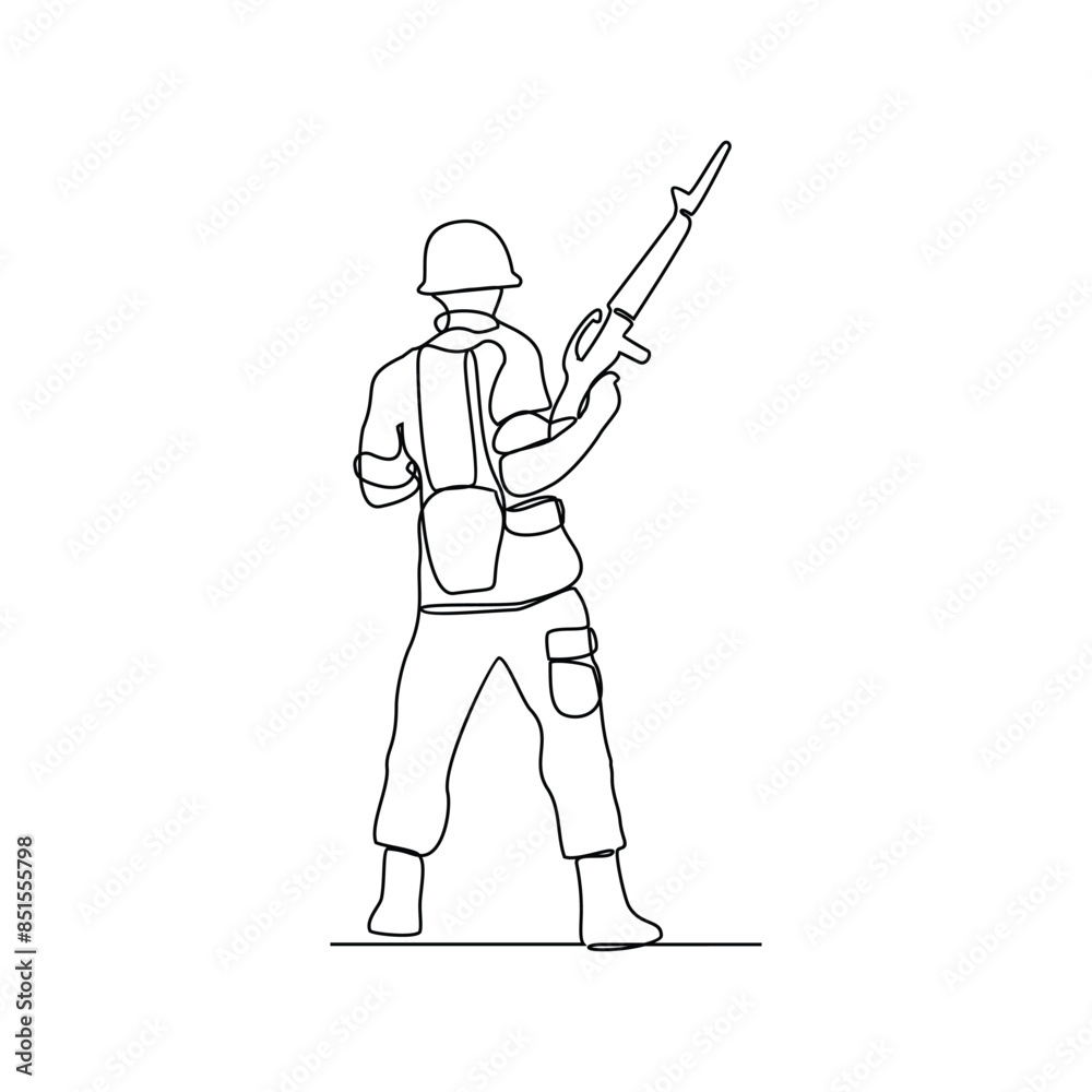 One continuous line drawing of soldiers holding weapons during war drills in a training camp vector design illustration. Soldier training activity illustration in simple linear style vector design. One continuous line drawing of soldiers holding weapons during war drills in a training camp vector design illustration. Soldier training activity illustration in simple linear style vector design.