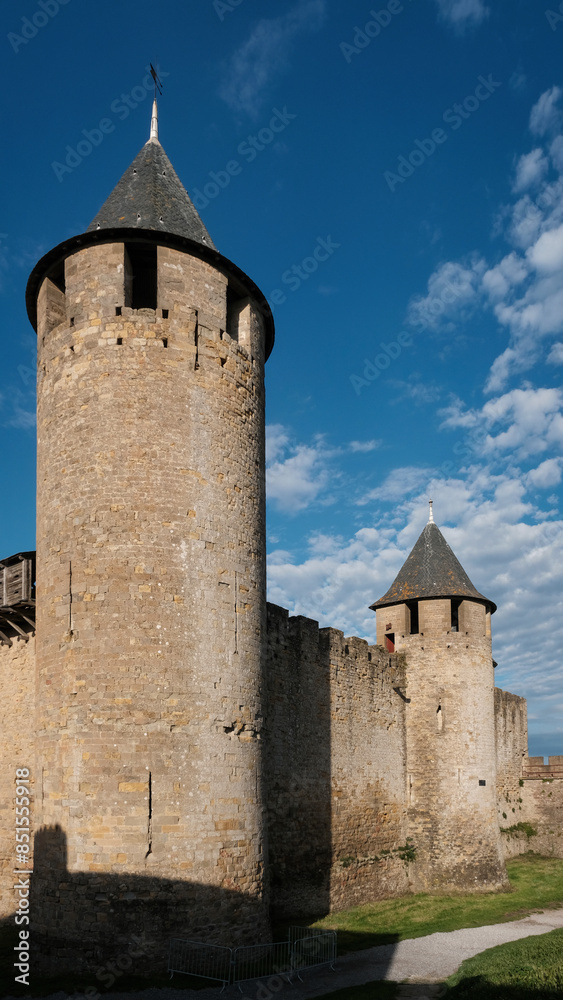 Towers of Comtal Castle of Carcassonne Fortress on sunny morning, France. Towers of Comtal Castle of Carcassonne Fortress on sunny morning, France.