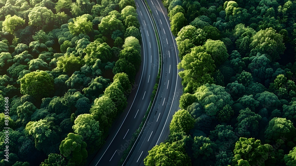 Aerial view of a wildlife corridor overpass traversing a busy highway through a lush forest landscape