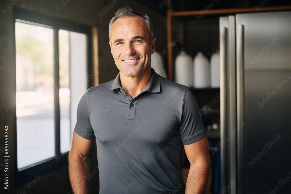 Portrait of a cheerful man in his 40s wearing a breathable golf polo in front of empty modern loft background Portrait of a cheerful man in his 40s wearing a breathable golf polo in front of empty modern loft background