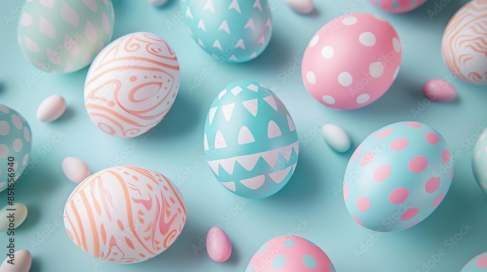 Pastel colored Easter eggs with patterns, Pastel colored Easter eggs with patterns,