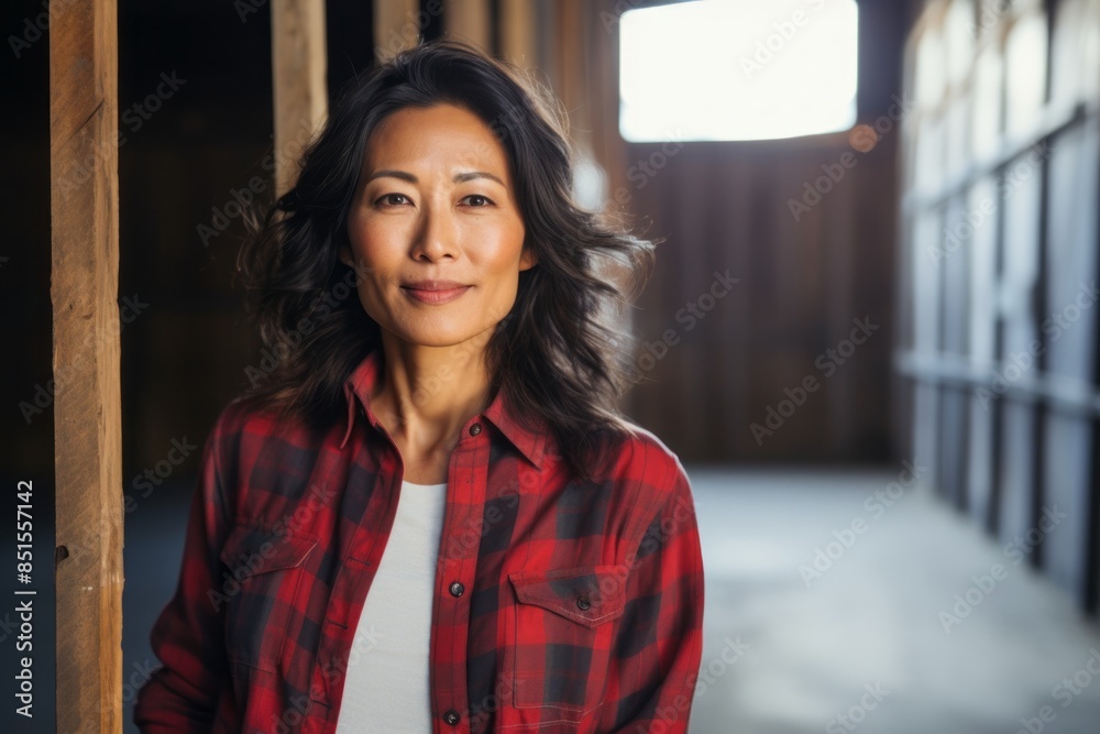 Portrait of a glad asian woman in her 50s dressed in a relaxed flannel shirt isolated on empty modern loft background Portrait of a glad asian woman in her 50s dressed in a relaxed flannel shirt isolated on empty modern loft background