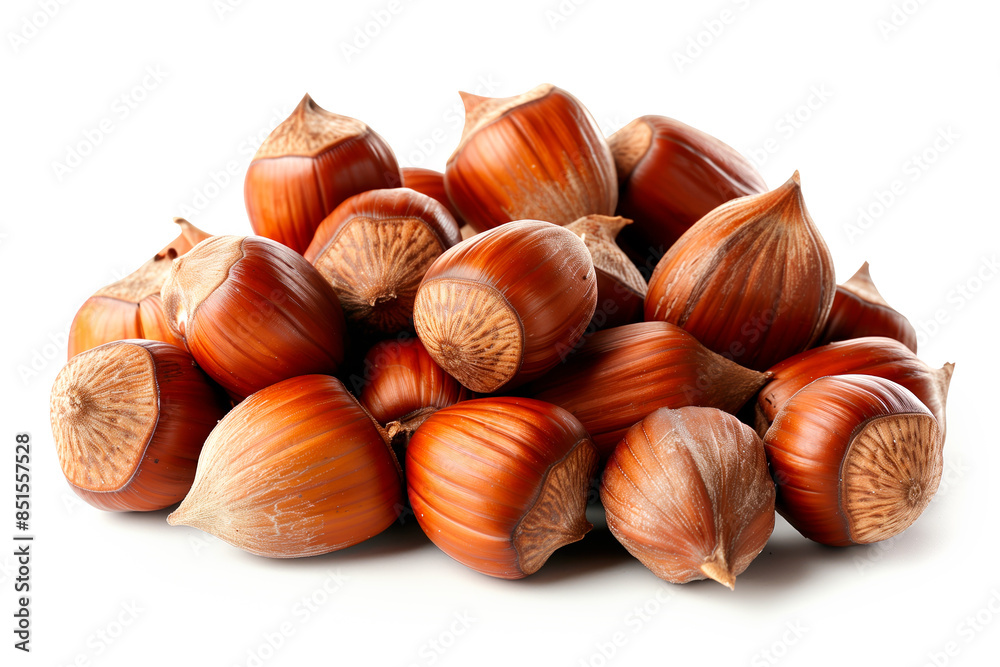 Close-up of shelled and unshelled Beechnut nuts isolated on a white background, showcasing their texture Close-up of shelled and unshelled Beechnut nuts isolated on a white background, showcasing their texture
