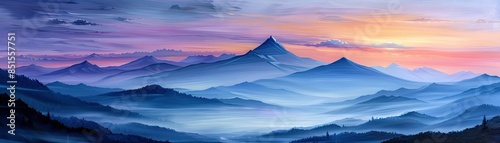 Stunning landscape featuring blue mountain peaks and a vibrant sunrise sky, creating a serene and mystical atmosphere perfect for nature enthusiasts.