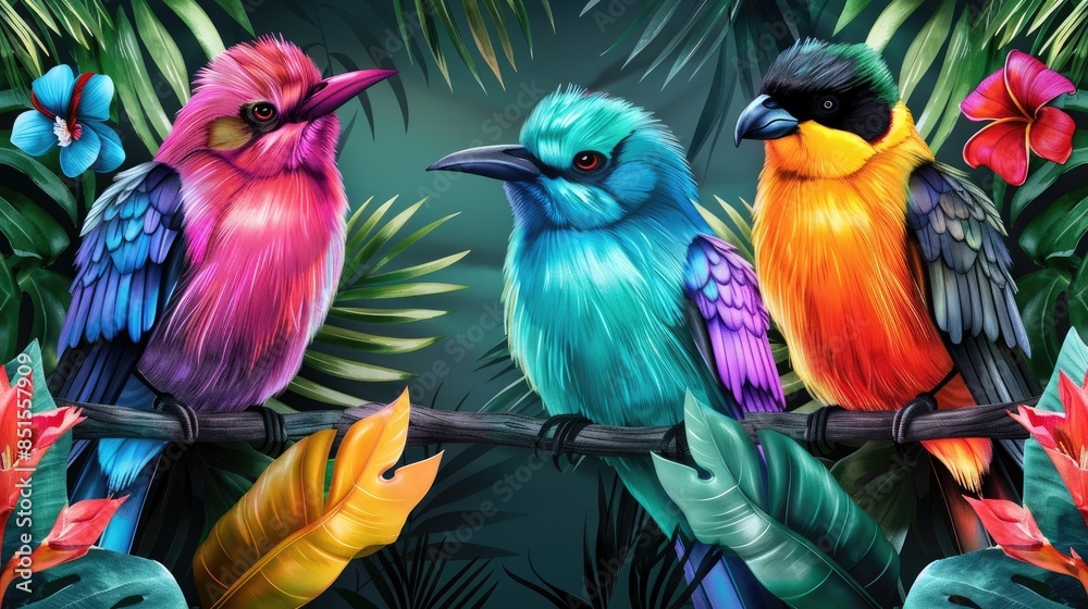 Fototapeta premium Vibrant illustration of colorful birds perched on a branch with lush tropical foliage in the background, showcasing nature's beauty.