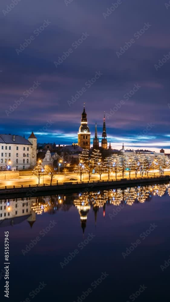 Riga, Latvia. Time Lapse Timelapse Time-lapse Of Cityscape In Morning Sunrise Time. Night View Of Castle, Dome Cathedral And St. Peter's Church. Popular Place With Famous Landmarks. UNESCO Riga, Latvia. Time Lapse Timelapse Time-lapse Of Cityscape In Morning Sunrise Time. Night View Of Castle, Dome Cathedral And St. Peter's Church. Popular Place With Famous Landmarks. UNESCO