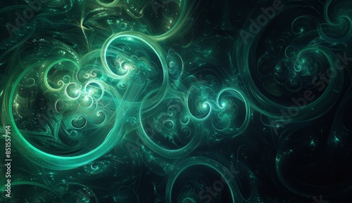 Abstract background with dark green and cyan gradient, swirling circular shapes, glowing lights, and ethereal textures