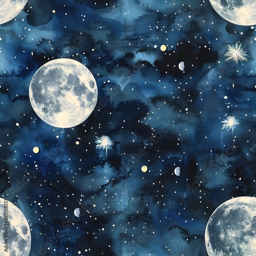 Brilliant Full Moon Dominates Serene Night Sky with Twinkling Constellations and Galaxies in Watercolor Painting