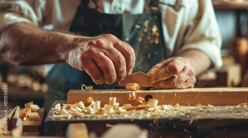 Close-up of a carpenter's hands working on a piece of wood with a chisel. Wood shavings and tools are visible on the workbench.