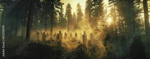 Produce a wide-angle view of a mystical forest engulfed in smoke, showcasing eerie shadows and mysterious figures,