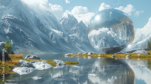 Mountains, rivers, metal ball,metallic feeling,kinetic realism, hyper-realistic,digital painting,octane render 