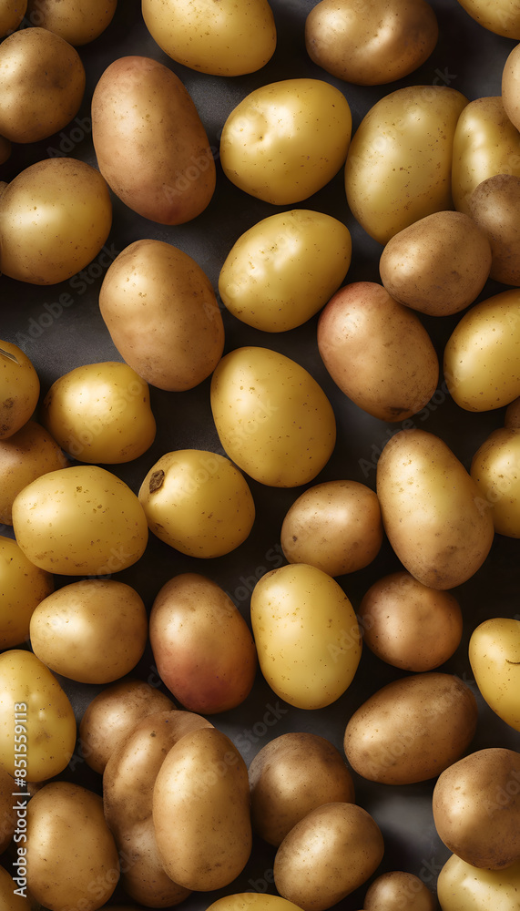 A close-up view of various potatoes, including yellow and brown varieties, scattered on a dark surface. National Potato Month. A close-up view of various potatoes, including yellow and brown varieties, scattered on a dark surface. National Potato Month.