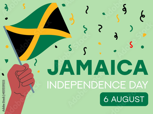 jamaica independence day 6 August, jamaica flag in hand. Greeting card, poster, banner template