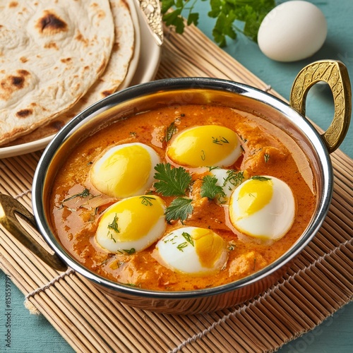 South indian cuisine food egg curry also called anda kari, anda curry, anda bhajji or anda masala photo
