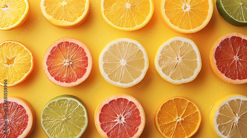 Fototapeta premium Colorful Citrus Fruit Slices on Yellow Background