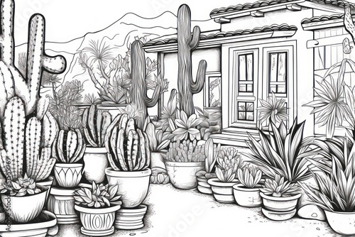 coloring book for adults, black and white linear cactus garden