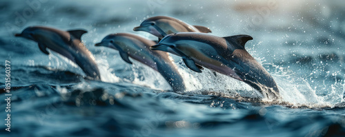 A high-resolution photograph of a pod of dolphins leaping out of the ocean, their bodies glistening in the air. photo