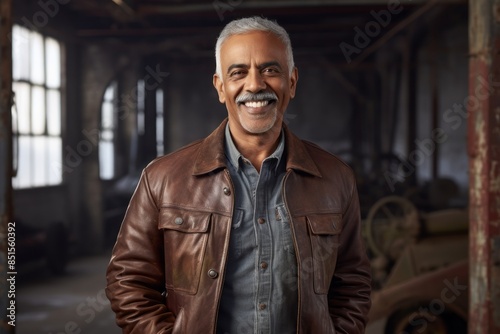 Portrait of a cheerful indian man in his 60s wearing a trendy bomber jacket isolated in empty modern loft background © CogniLens