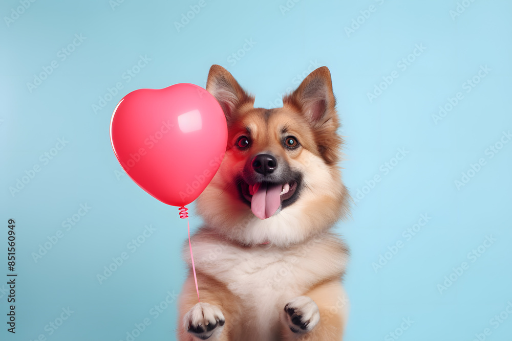 Cute dog is holding a heart shaped balloon on pastel background Cute dog is holding a heart shaped balloon on pastel background