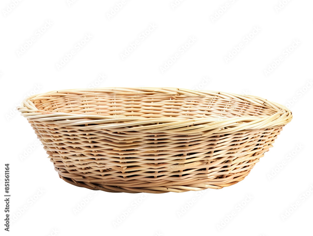 A basket made of straw sits on a white background A basket made of straw sits on a white background