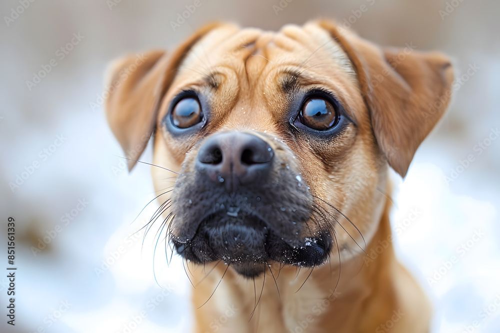 Closeup head shot of cute dog face isolated on white background