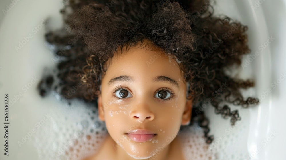 A young girl with curly hair is in a bathtub A young girl with curly hair is in a bathtub