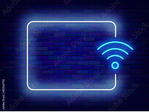 Wifi zone neon announcement. Internet online. Holiday promotion. Empty white frame and wifi symbol. Event celebration. Copy space. Editable stroke. Vector stock illustration