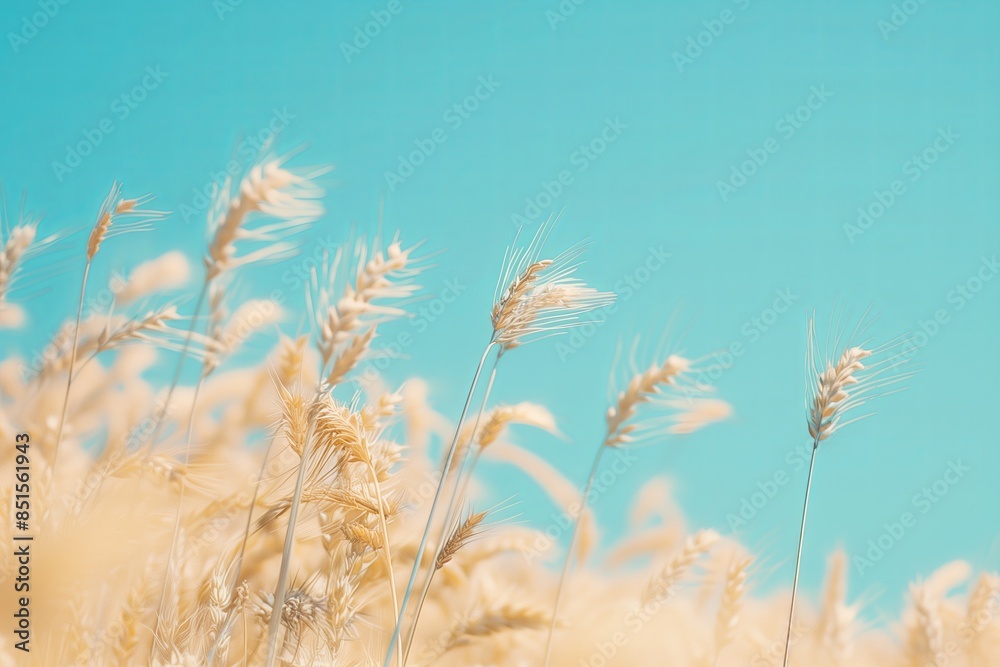 Golden wheat stalks, swaying gently in a summer breeze, against a vibrant blue sky Golden wheat stalks, swaying gently in a summer breeze, against a vibrant blue sky