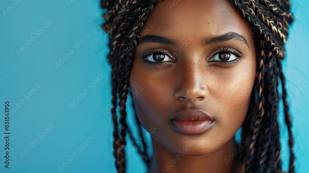 Stunning African-American Woman with Braided Hair on Blue Background Stunning African-American Woman with Braided Hair on Blue Background