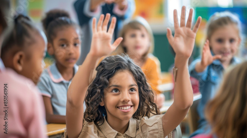 Enthusiastic students raising their hands in a classroom, illustrating active learning, participation, and engagement in education.