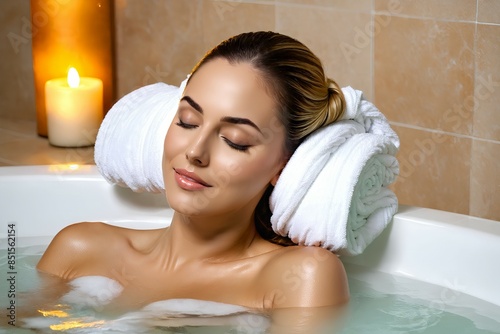 Beautiful Woman Relaxing in a Bubble Bath. 