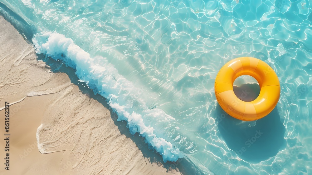 Obraz premium A bright orange swim ring floats on the clear blue ocean water near the sandy shore, capturing the essence of a perfect summer day.