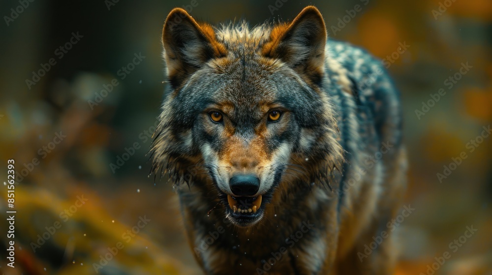 Wolf Portrait with Yellow Eyes in Autumn Forest Wolf Portrait with Yellow Eyes in Autumn Forest