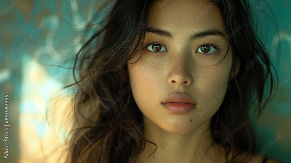 Serene Beauty: Close-Up Portrait of a Young Woman with Captivating Eyes