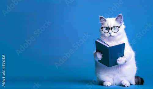 A funny white cat with glasses and a book on a blue  background. World Book Dae. Cute character for promotional products, banners, posters, postcards..National Book Lovers Day. Copy space. photo