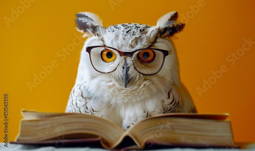 Wallpaper Mural A funny white polar owl with glasses and a book on a yellow background. World Book Dae. Cute character for promotional products, banners, posters, postcards..National Book Lovers Day. Copy space. Torontodigital.ca