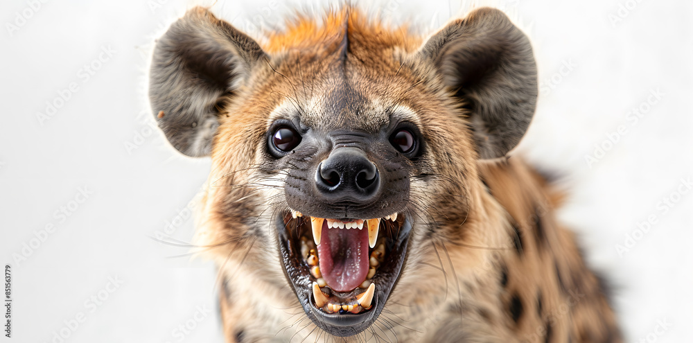 Fototapeta premium Closeup head shot of angry hyena face isolated on white background